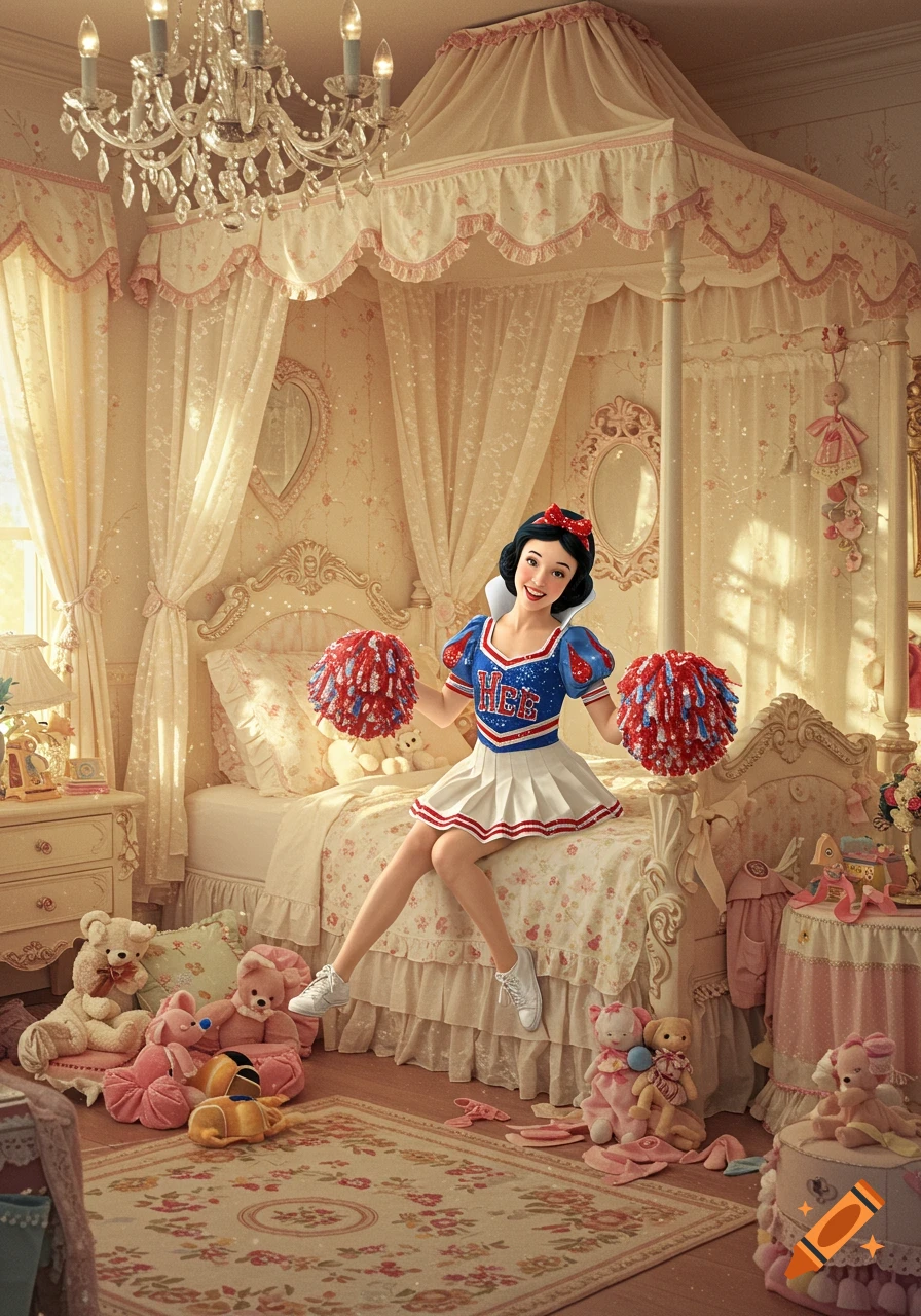 Photorealistic image of Snow White in a cheerleader outfit, sitting on a bed in a pink, ornate, and frilly bedroom with numerous stuffed animals.