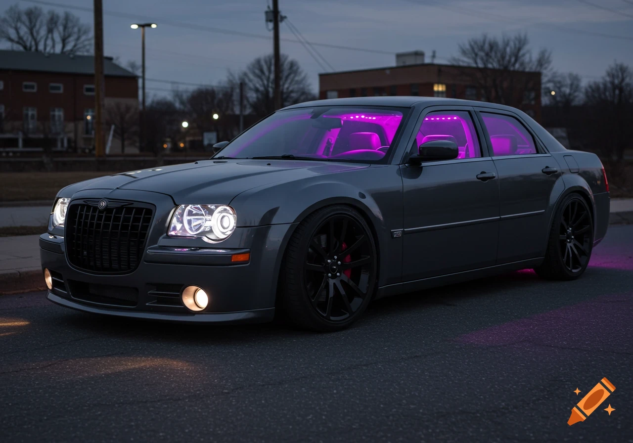 A custom gray Chrysler 300 SRT8 parked on a street at dusk, with purple LED lights illuminating its interior and bright white headlights.