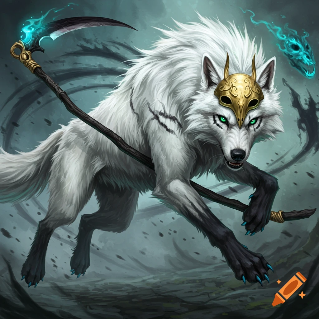 A white fantasy wolf with a golden mask and glowing green eyes, holding a scythe, lunges forward in a digital art style.