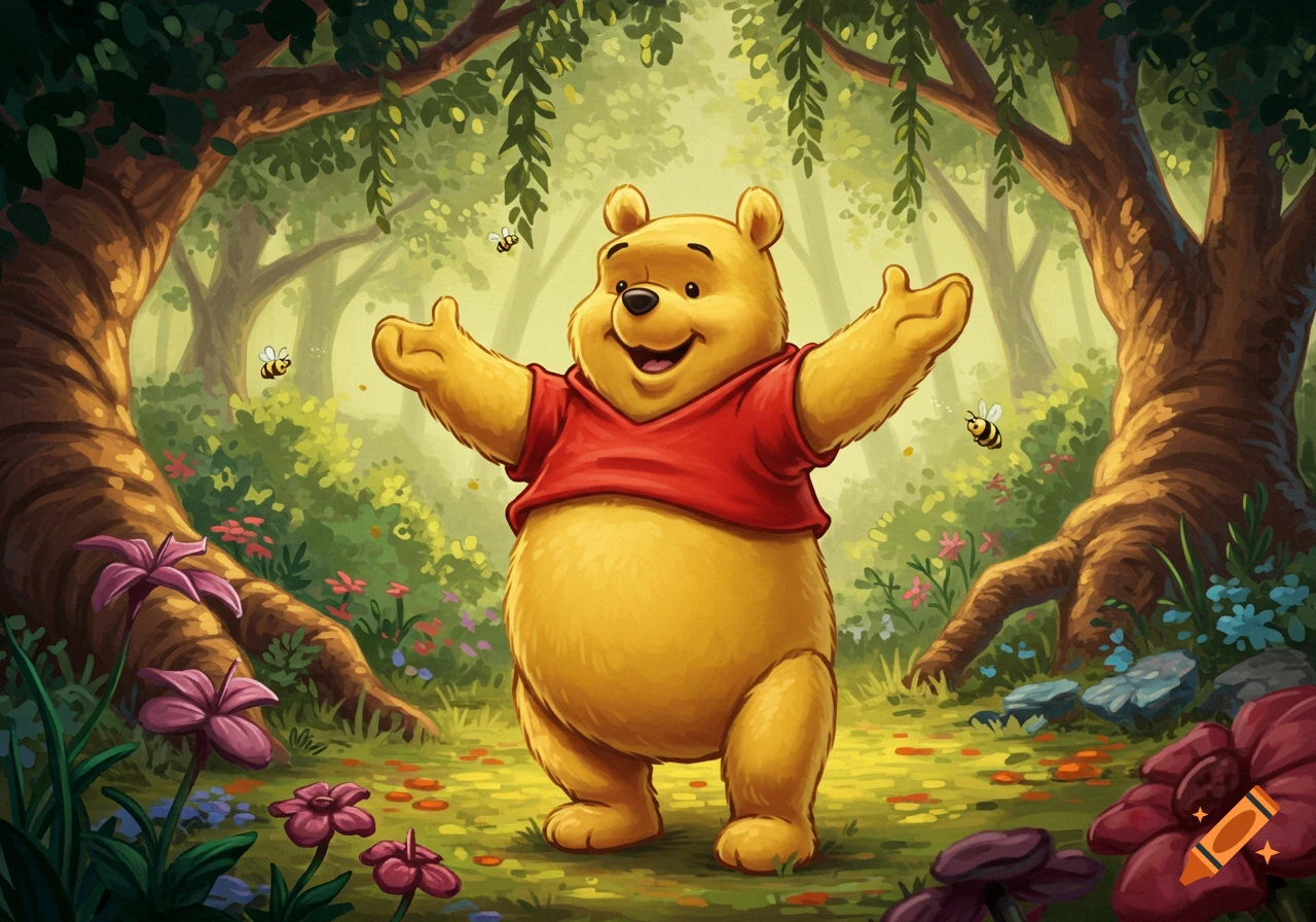 Winnie the Pooh stands smiling with arms open in a vibrant forest with bees flying around him, in a cartoon style.
