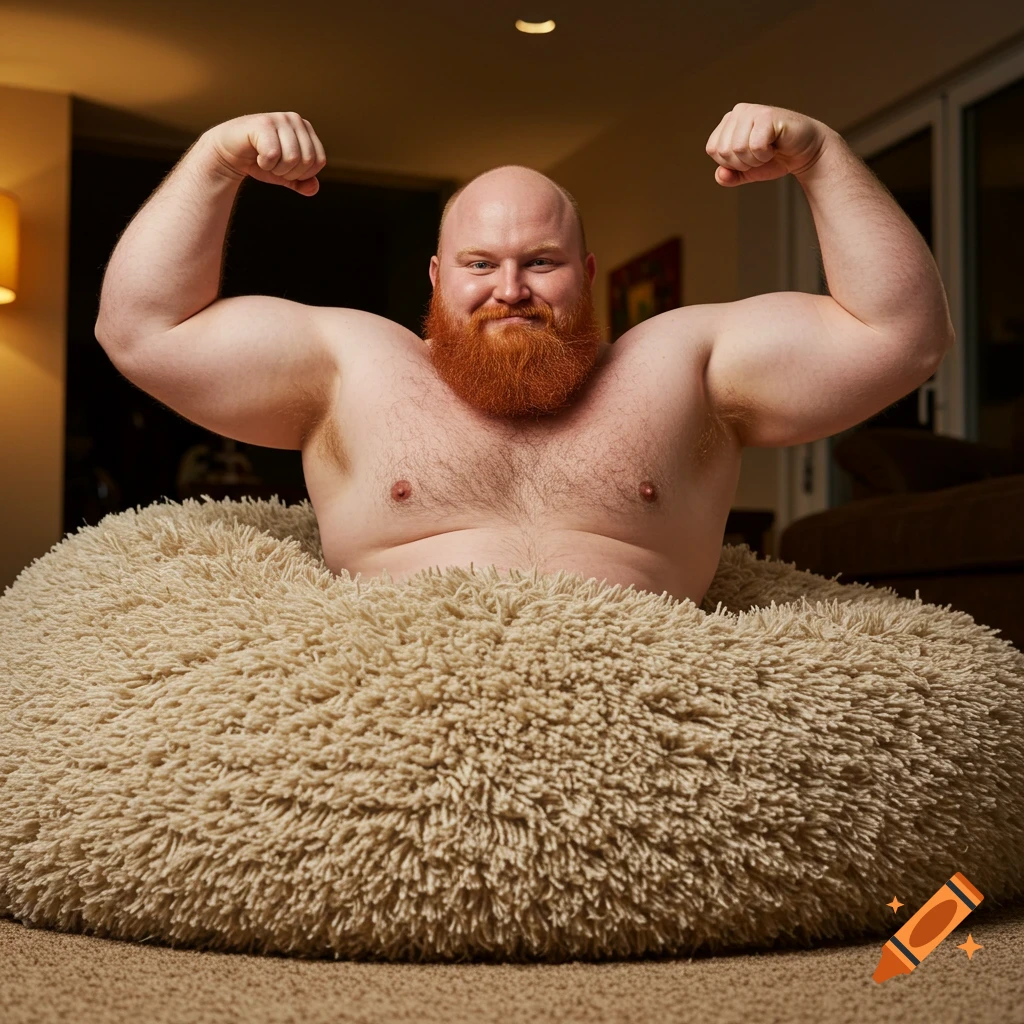 A bald, red-bearded man flexes his biceps while sitting partially submerged in a large, plush, beige bean bag chair.