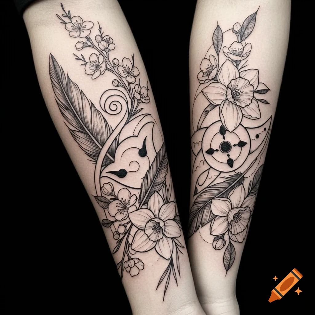Two forearms displaying black line art tattoos featuring feathers, plum blossoms, daffodils, and abstract anime-inspired designs.