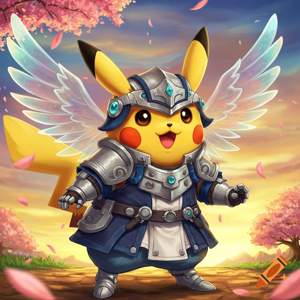 Pikachu dressed in knight armor with translucent wings stands in a field with cherry blossom trees at sunset.