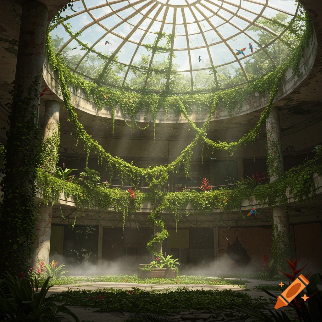 An abandoned shopping mall interior with a glass domed roof, completely overgrown with lush green jungle plants, vines, and trees. Sunlight beams illuminate the misty air.