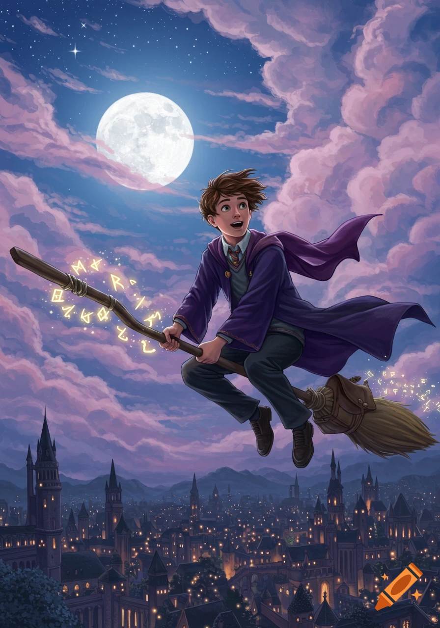 An illustrated young wizard on a broomstick flies over a city at night under a full moon.
