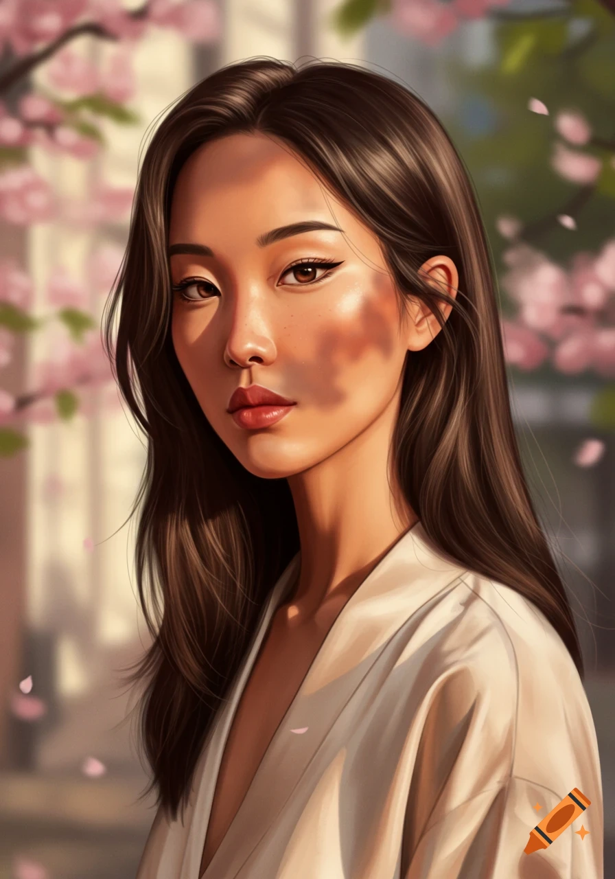 Portrait of a young woman with long dark hair in a white robe, standing among pink cherry blossoms. Digital art style.