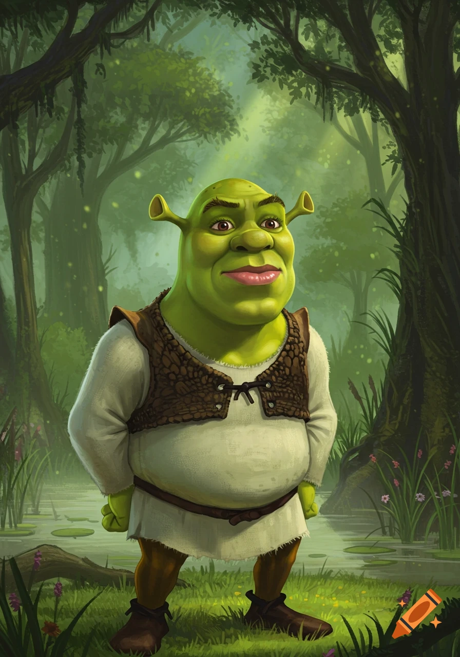 An illustration of Shrek with prominent eyelashes and pink lips, standing in a vibrant swamp.