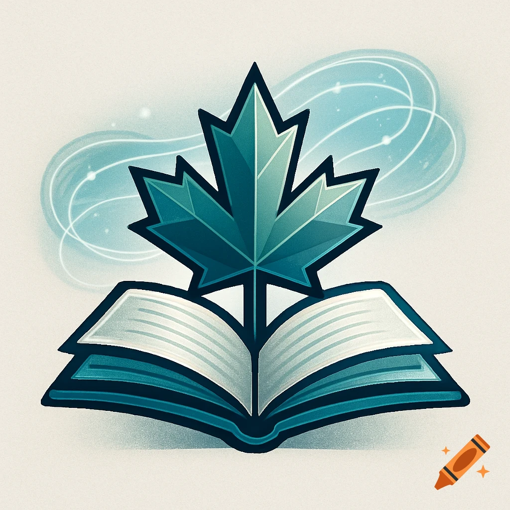 A stylized illustration of a teal maple leaf emerging from an open book, with light swirling lines in the background.
