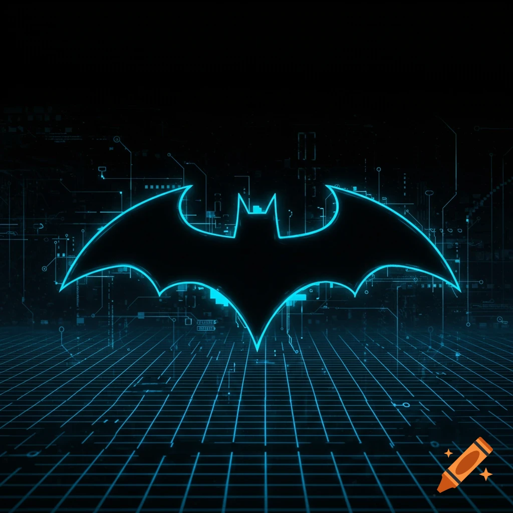 A glowing blue outline of the Batman symbol on a black background with a digital circuit board grid.