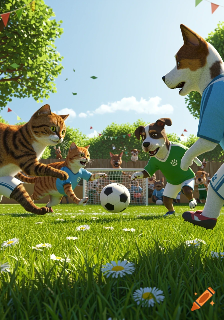 Cartoon cats and dogs playing soccer on a sunny green field with daisies, goal in the background.