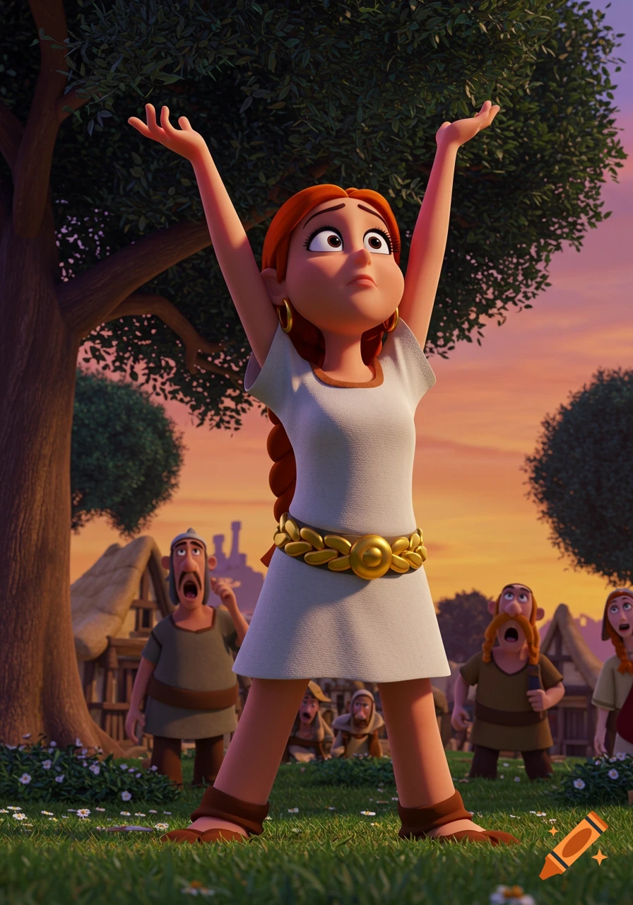 A 3D animated image of Falbala from Asterix with red braided hair and a white dress, raising her hands to the sky as villagers look on in the background during sunset.