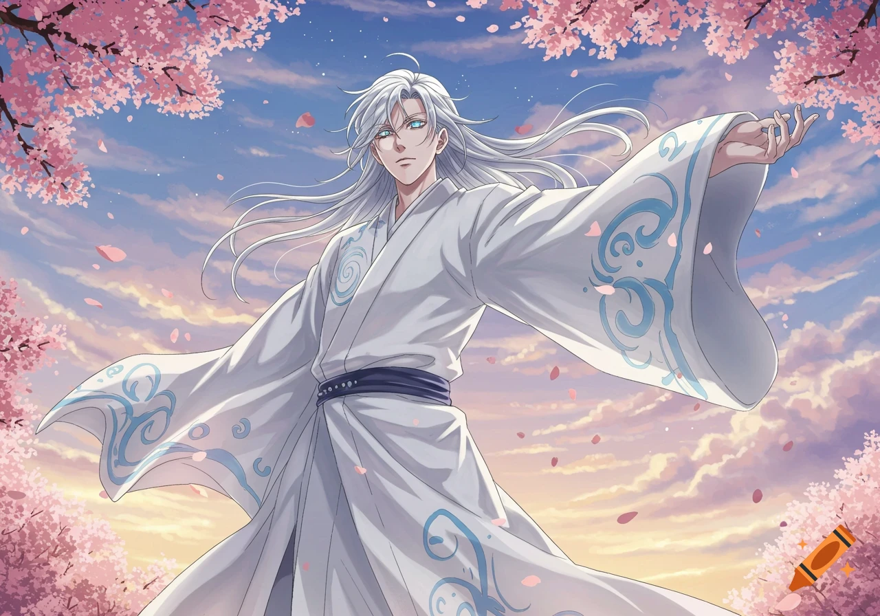 Anime male character with white hair and blue eyes in a white kimono with blue patterns, surrounded by cherry blossoms and a sunset sky.