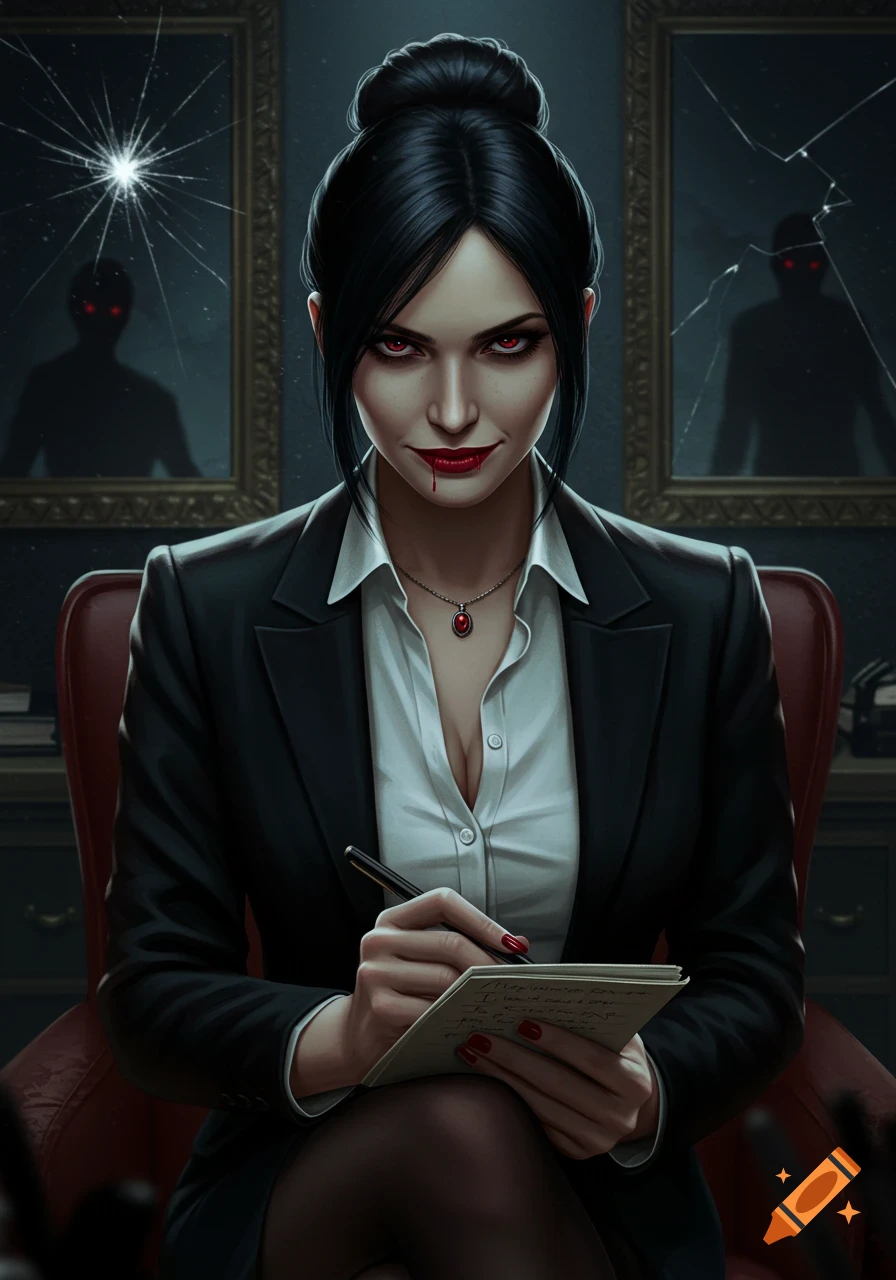 A dark-haired woman with red eyes and blood on her lips, in a blazer, holds a notepad and pen, with cracked mirrors reflecting shadowy figures behind her in a horror style.