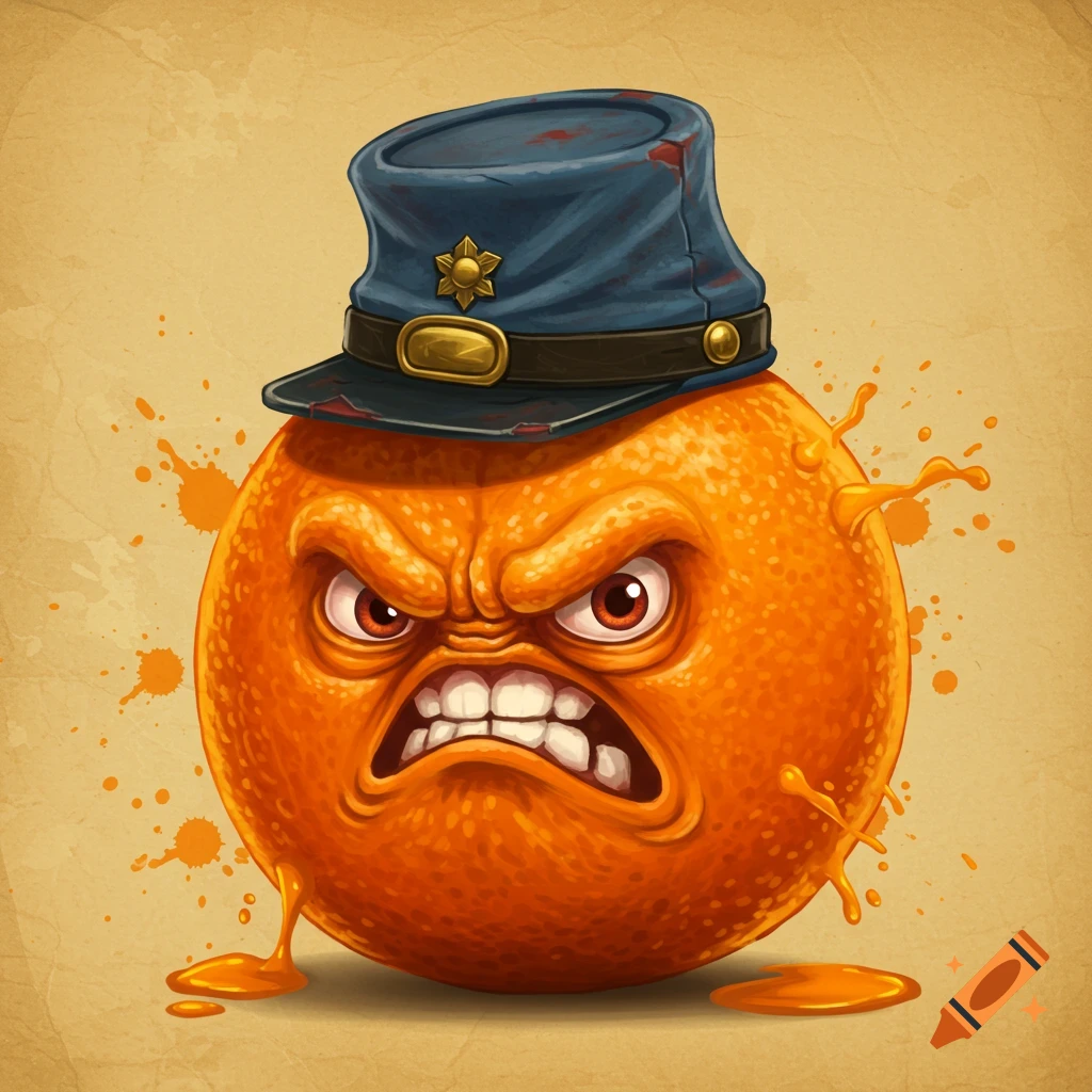 An angry orange character with a face and teeth wears a blue Civil War Union hat, with orange juice splatters around it.