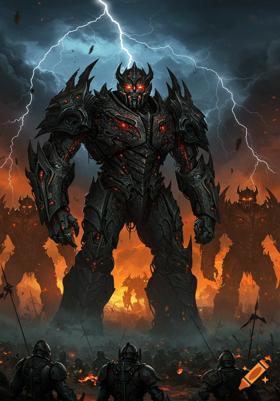 Massive dark armored robots with glowing red eyes dominate a fiery battlefield under a stormy, lightning-filled sky as small armored figures stand below.