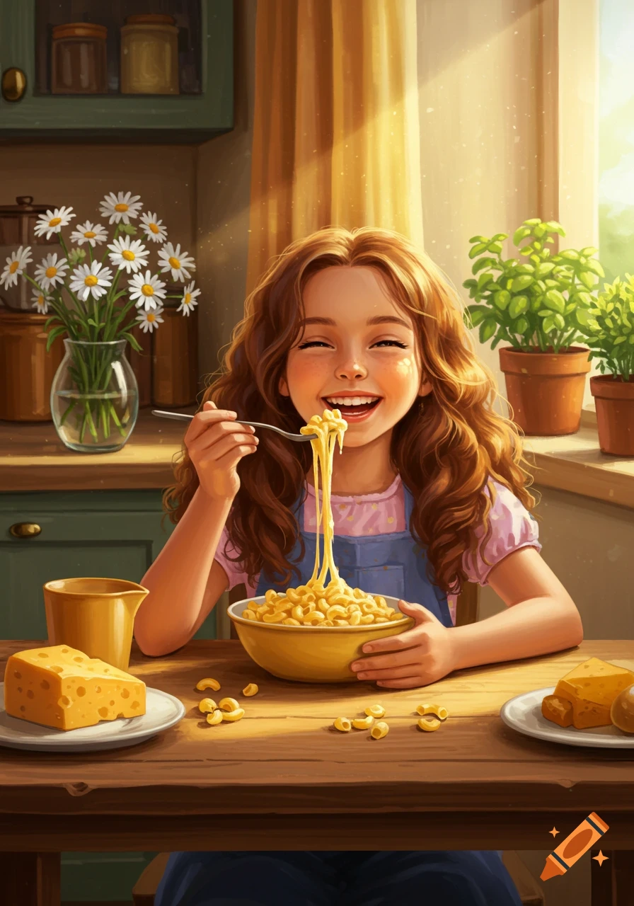 A happy young girl with long brown hair smiles widely while eating cheesy macaroni from a bowl at a wooden table in a sunny kitchen.