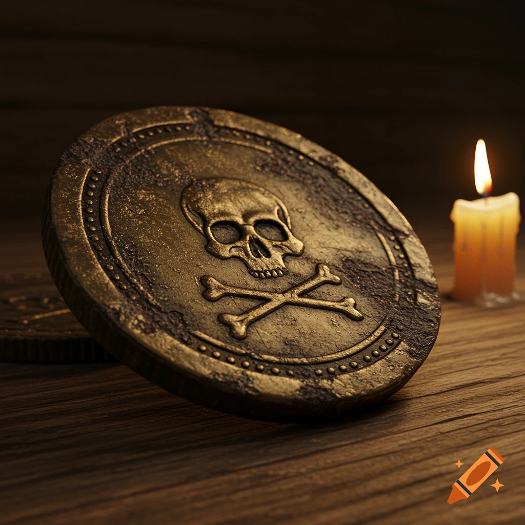 A close-up of an old, weathered brass pirate coin with a skull and crossbones emblem, illuminated by a flickering candle on a wooden table.