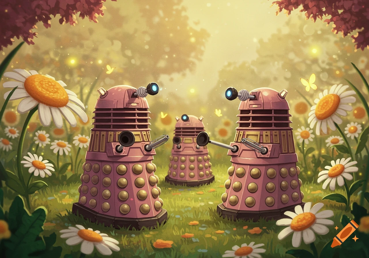 Three pink cartoon Daleks stand in a vibrant field of white daisies and yellow butterflies, surrounded by lush green grass and reddish trees under a soft, golden sky.