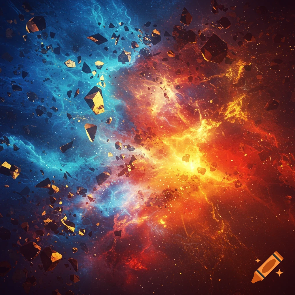 Vibrant abstract cosmic scene with swirling blue and orange energy and floating debris.