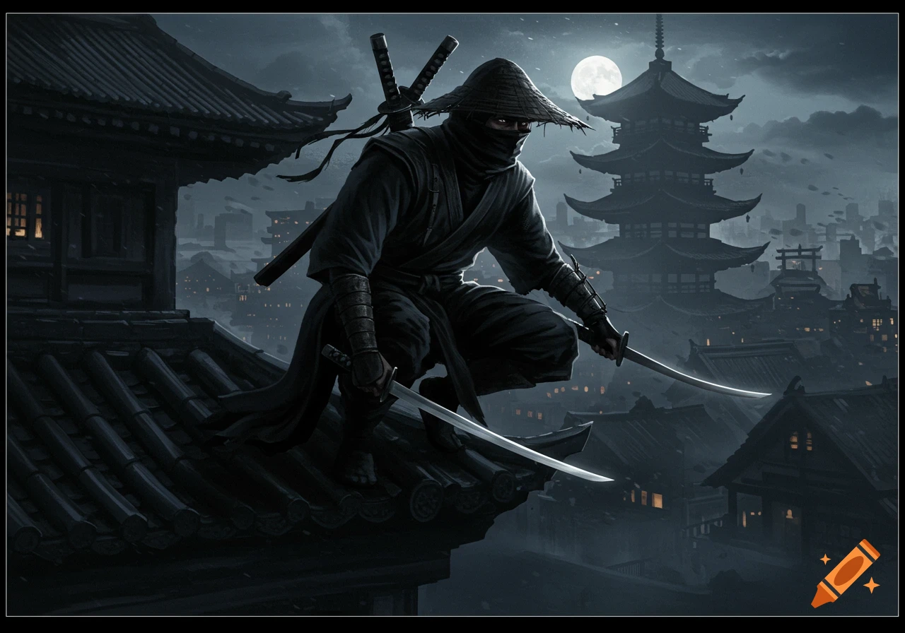 A ninja in black clothes and a straw hat crouches on a dark rooftop with katanas, overlooking a moonlit Japanese city.