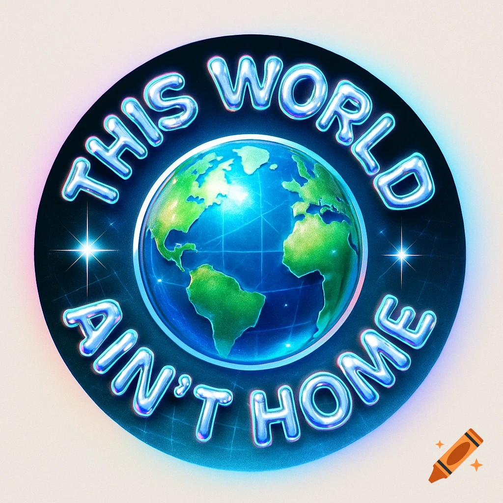 A circular, glossy logo features a stylized Earth at the center with metallic text 'THIS WORLD AIN'T HOME' curving around it, in a retro-futuristic style.