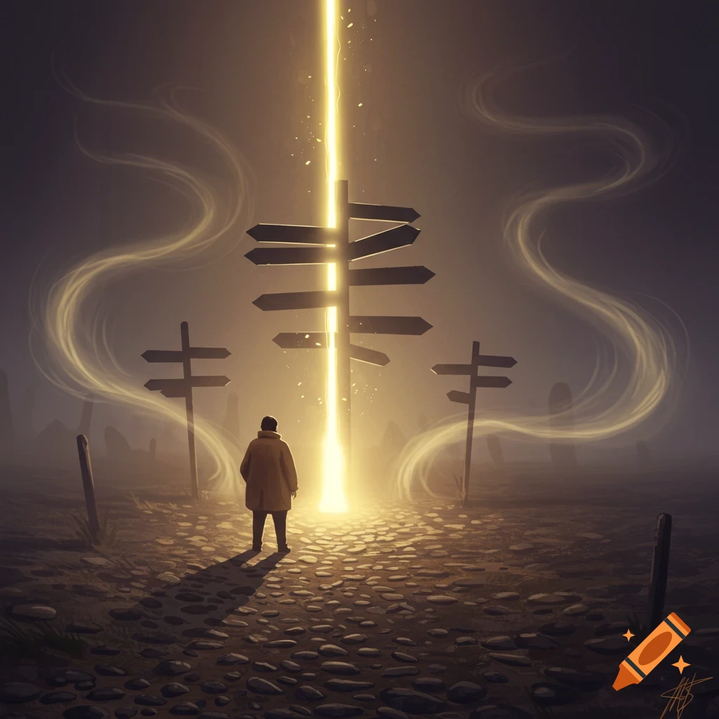 A person stands at a crossroads with a glowing golden light beam hitting a signpost in a foggy, mysterious landscape. Digital art.
