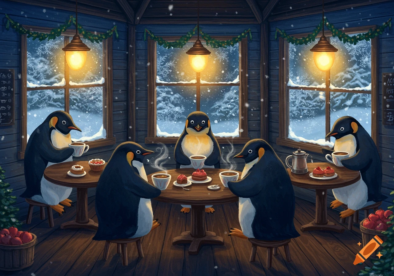 Five penguins gather in a cozy, snow-covered cafe at night, drinking from mugs and eating pastries.