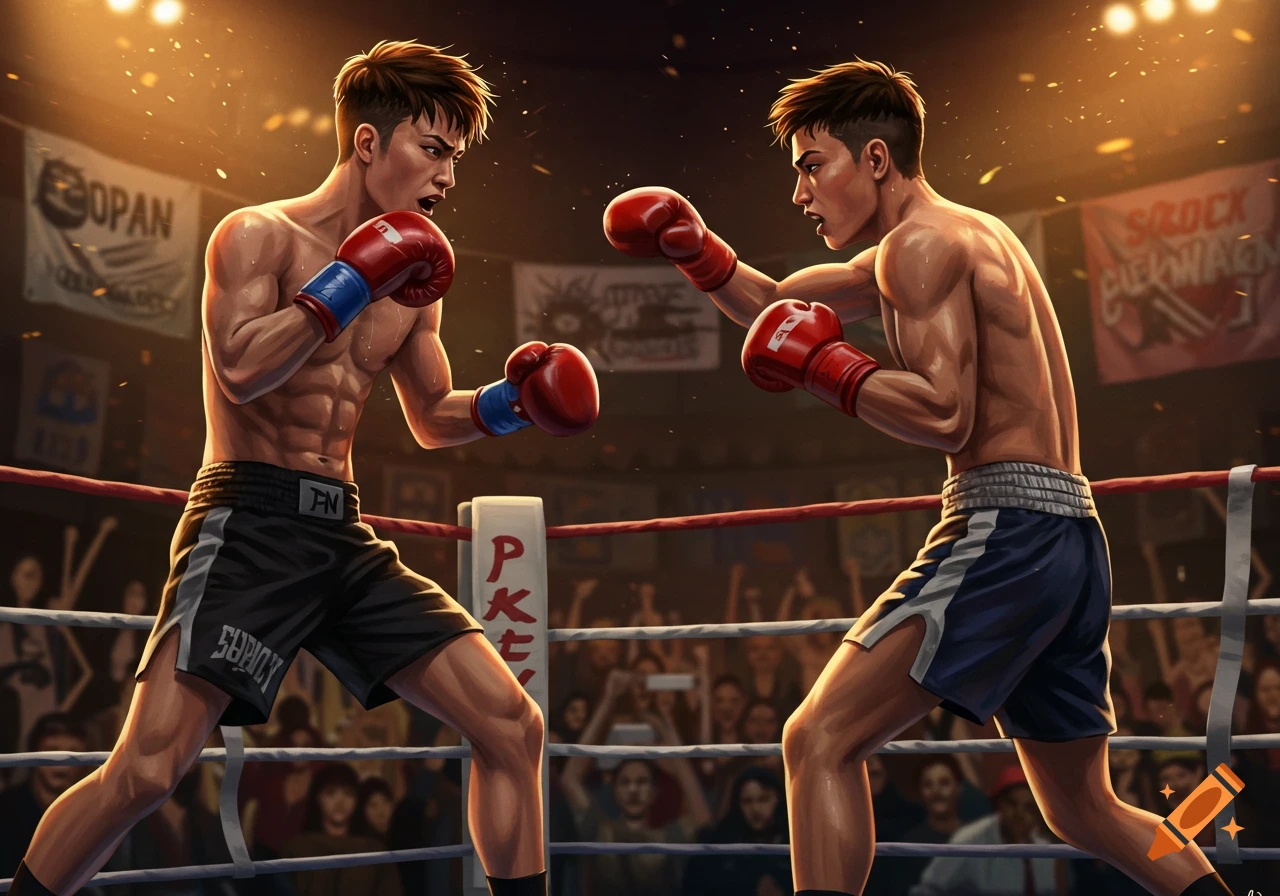Two young male boxers with red gloves square off in a brightly lit boxing ring, surrounded by a cheering crowd.