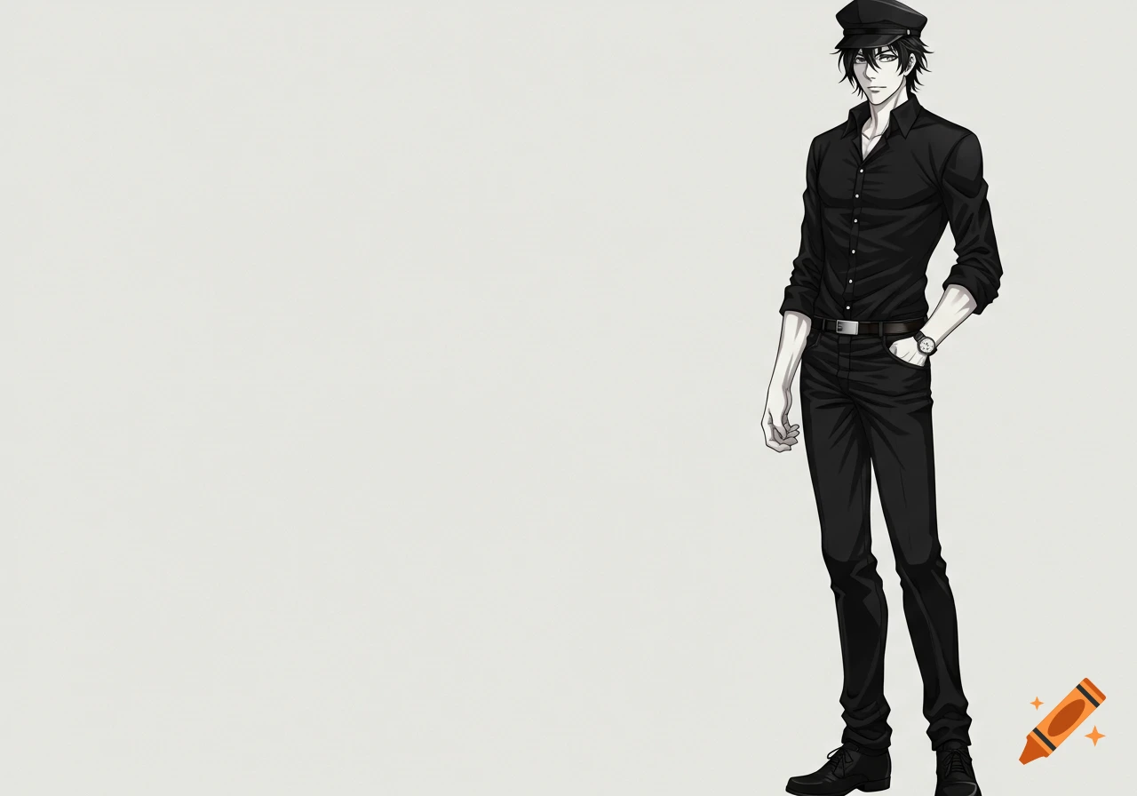 Anime drawing of a tall man in a black cadet cap, black shirt, and jeans, with black hair and celadon eyes.