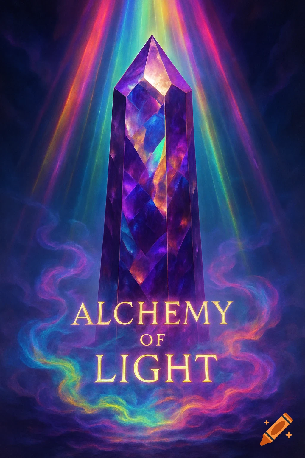 A vibrant purple crystal obelisk is bathed in rainbow light rays and colorful swirling smoke, with the words 'ALCHEMY OF LIGHT'.