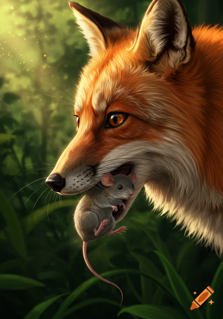 A close-up, realistic illustration of a fox gently holding a small mouse in its mouth, set against a sunlit green forest background.