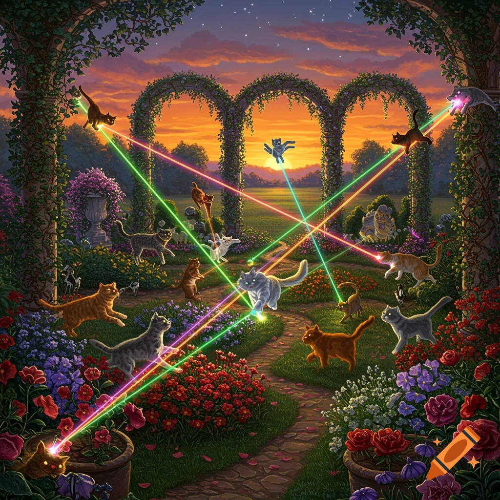 A vibrant fantasy garden at sunset with multiple cats firing colorful laser beams from their eyes, surrounded by flowers and stone archways.