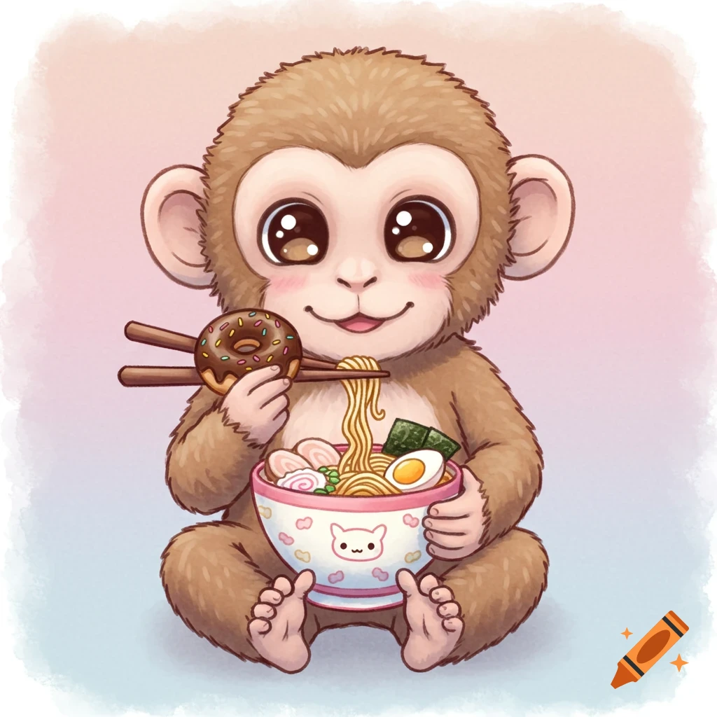 A cute chibi baby monkey smiling, holding a chocolate donut with chopsticks in one hand and a bowl of ramen in the other.