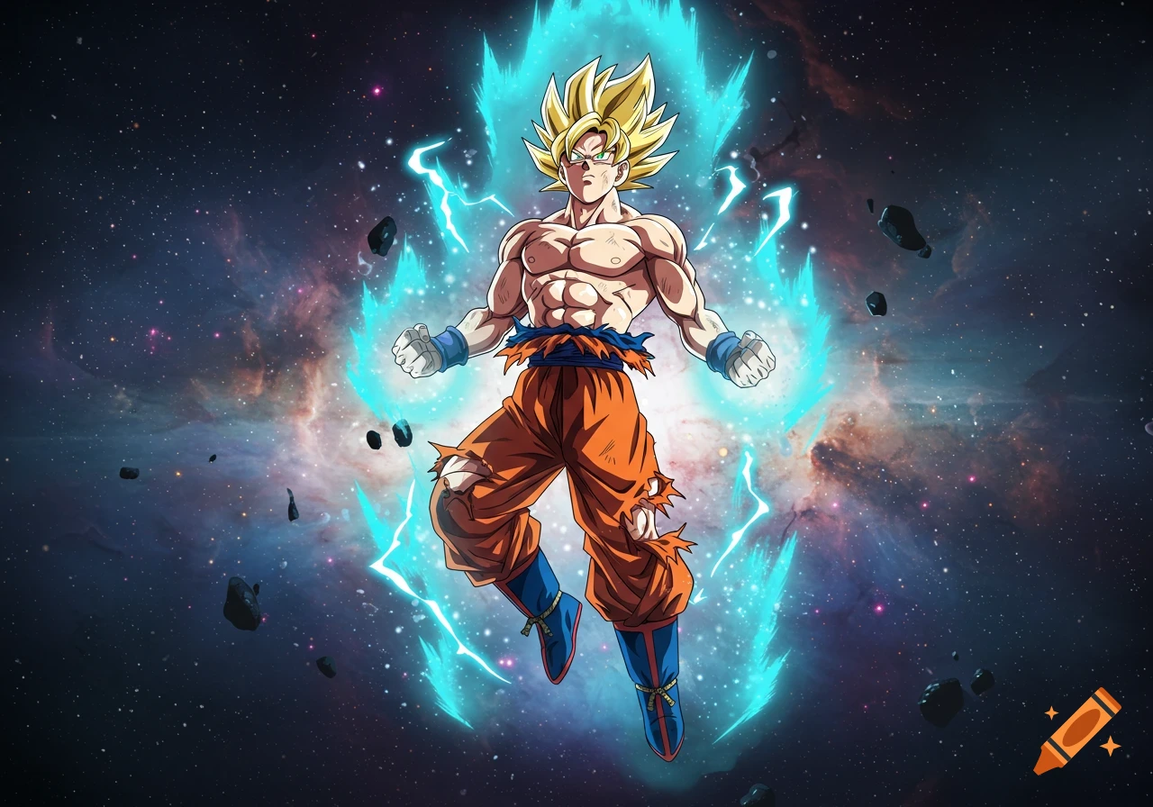 Anime character Goku in Super Saiyan form, glowing with a blue energy aura, floating in deep space amidst nebulae.