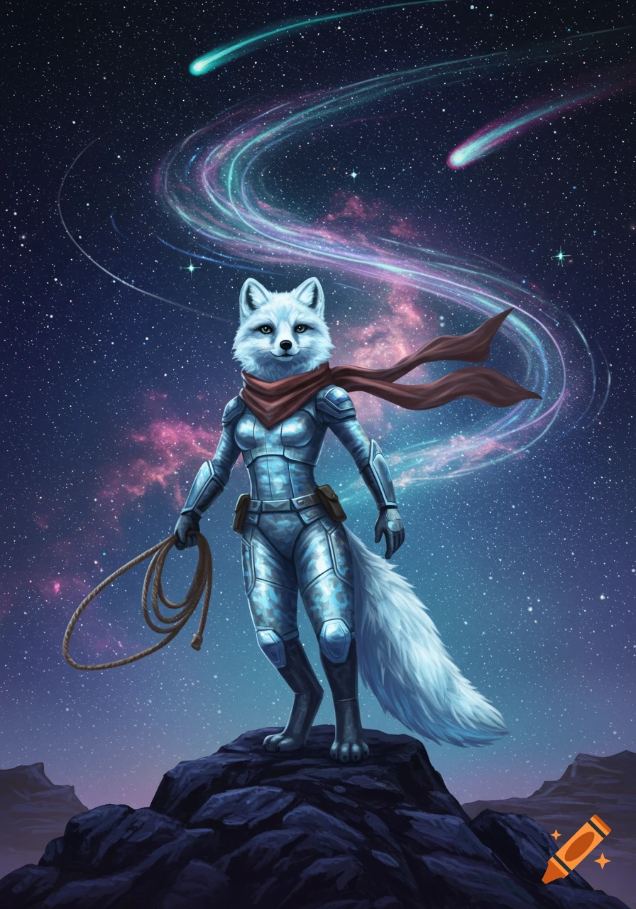 An anthropomorphic arctic fox in a blue space suit and red scarf holds a lasso on a rocky planet under a cosmic sky with shooting stars.