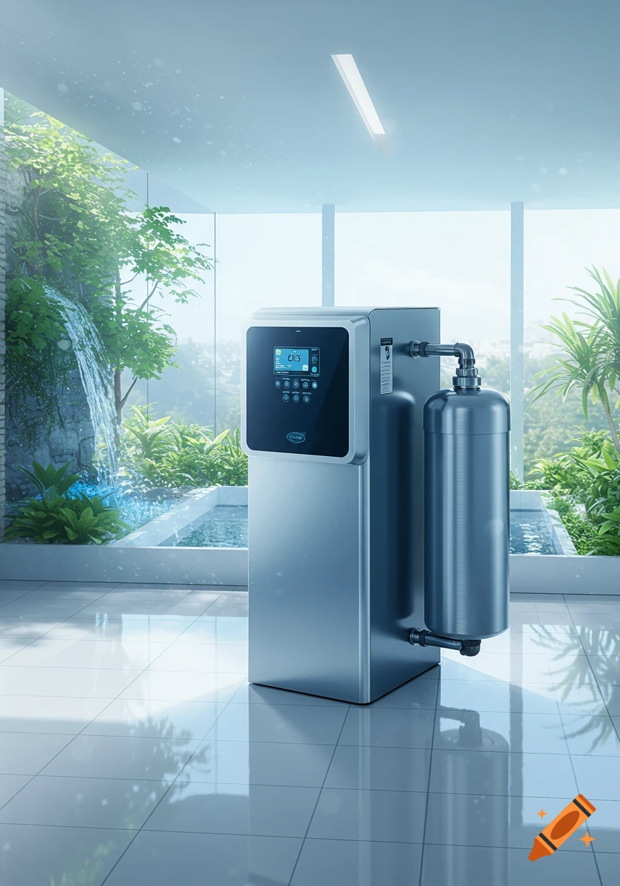 A sleek silver water softener stands in a modern, bright room with large windows overlooking a lush indoor waterfall and tropical plants.
