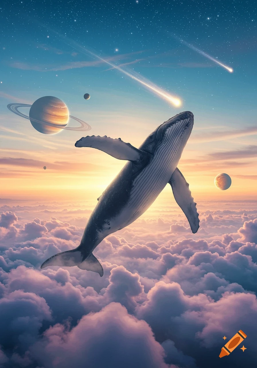 A majestic humpback whale swims through a vibrant, starry sky filled with fluffy clouds, planets, and streaking meteors.