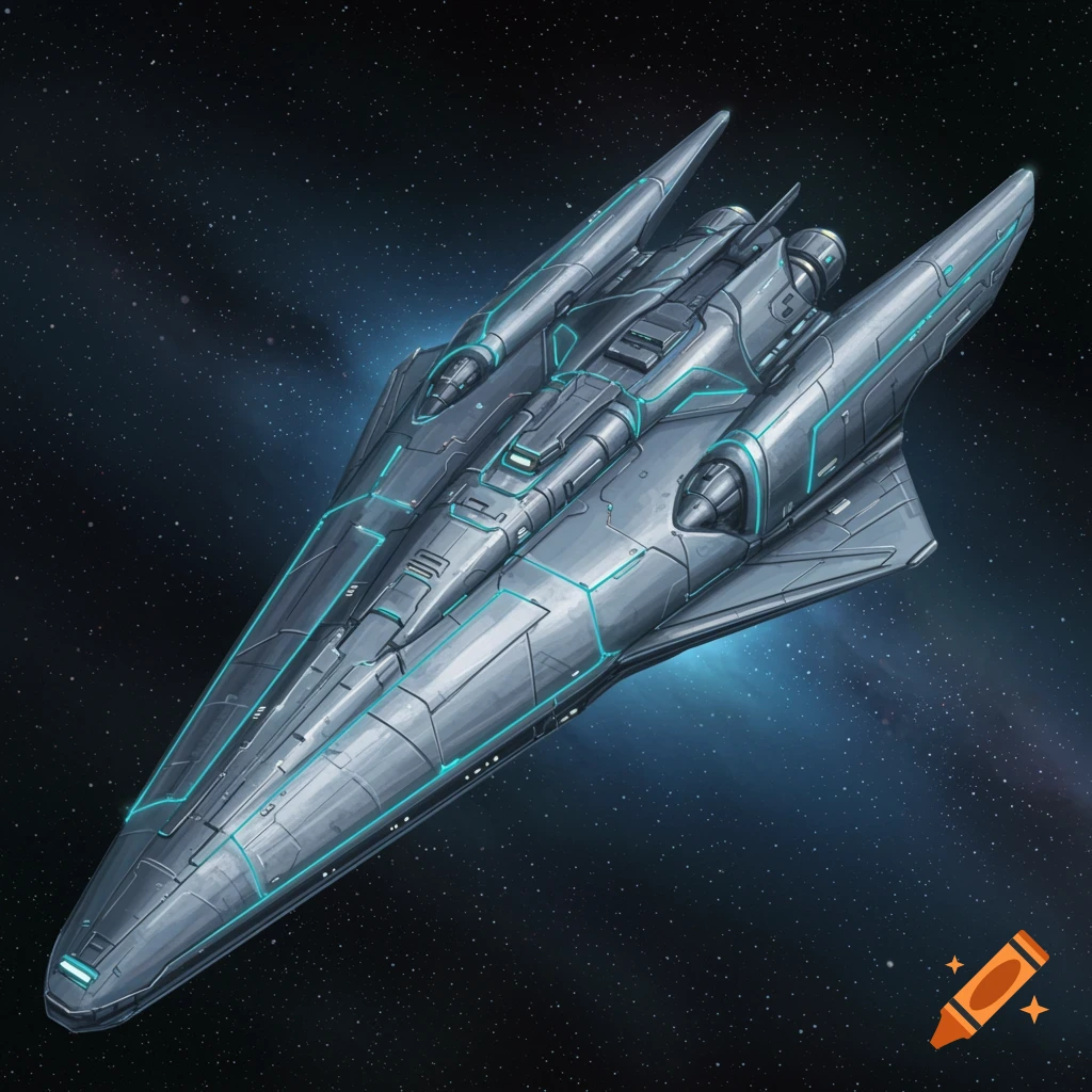 A sleek, futuristic silver spaceship with glowing blue accents flies through space, surrounded by stars, viewed from above.