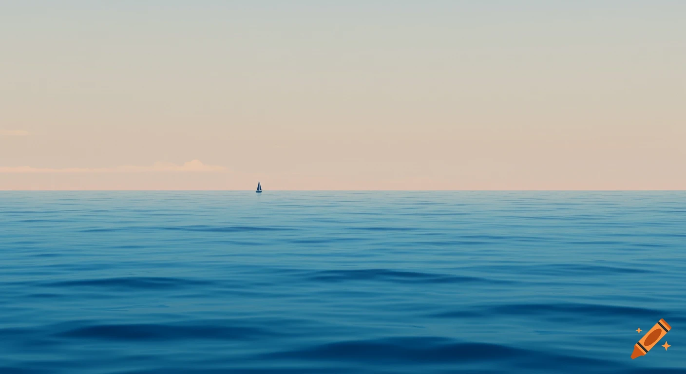 A small sailboat drifts on a calm blue ocean under a pale, minimalist sky.