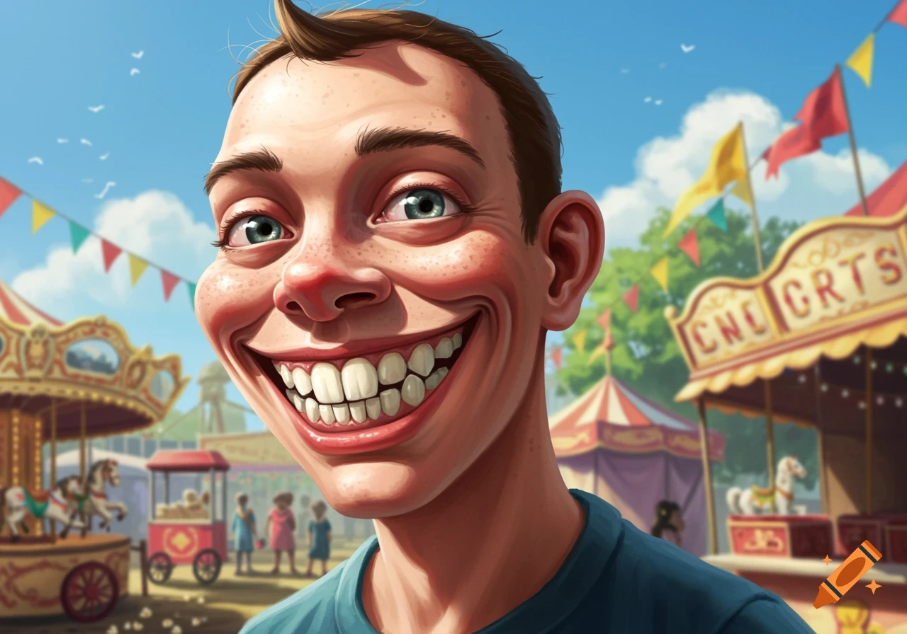 Close-up of a cartoonish man with big teeth smiling broadly at a lively carnival.