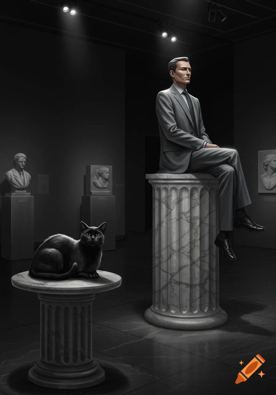 A black cat sits on a small marble pedestal in a dark museum next to a man in a suit sitting on a larger pedestal. Sculpted busts are in the background.