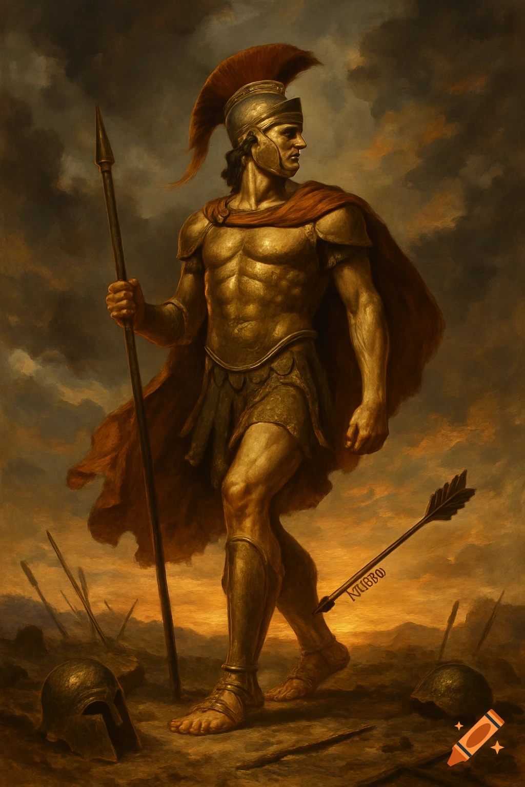 Painting of a muscular warrior in golden armor and red cape, holding a spear, standing in a desolate landscape with a 'HUBRIS' arrow in heel.