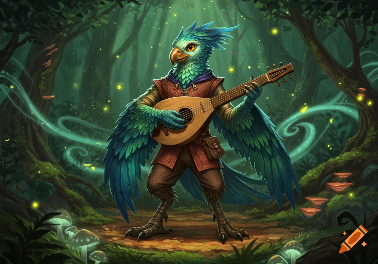 A blue and green feathered Aarakocra bard playing a lute in a magical, glowing forest.