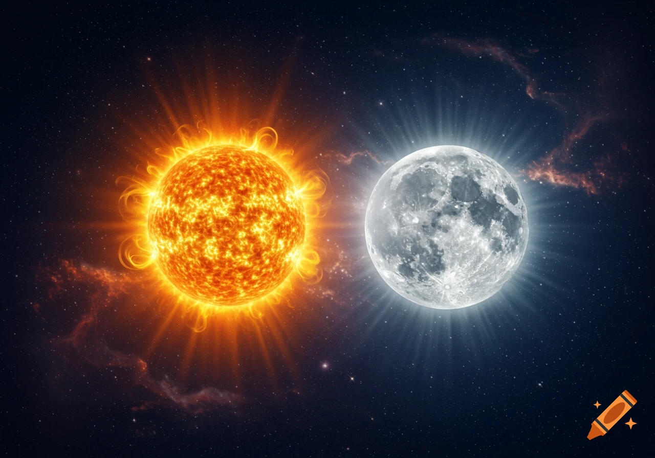 A bright, fiery orange sun and a luminous, cratered white moon side-by-side in a dark, star-filled cosmic background.