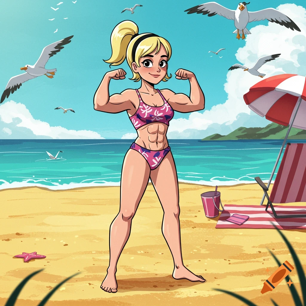 Cartoon character with blonde ponytail and muscular physique flexing at a sunny beach.