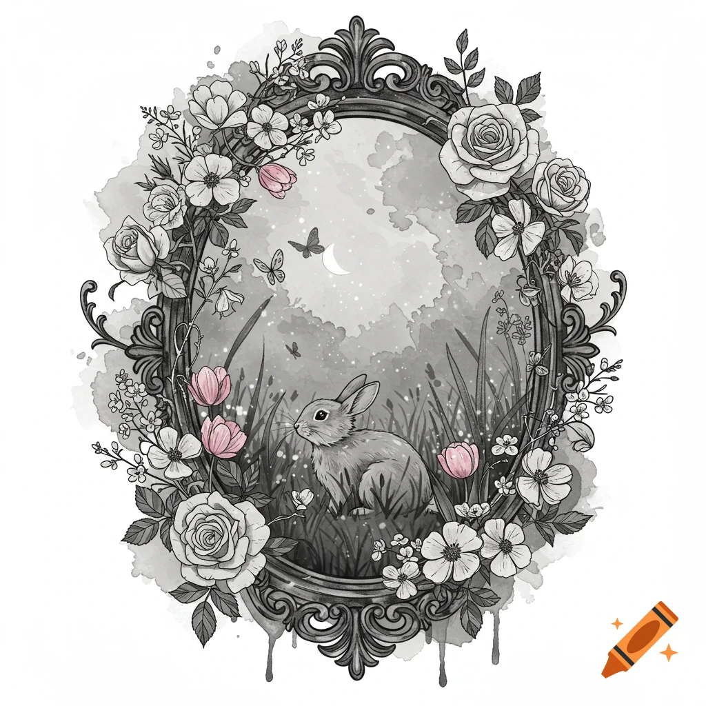 A whimsical black and white watercolor illustration of an ornate floral frame containing a gray bunny in a meadow with pink flowers.