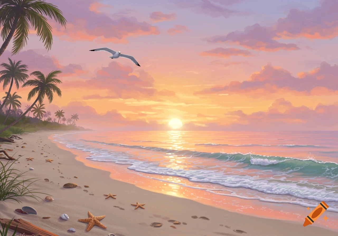 A vibrant beach at sunset with palm trees, gentle waves, starfish on the sand, and a seagull flying under an orange and pink sky.