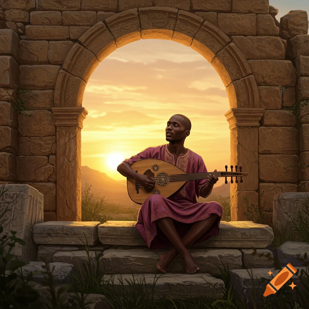 A bald man in a magenta robe plays an oud while sitting on ancient stone ruins against a vibrant sunset.