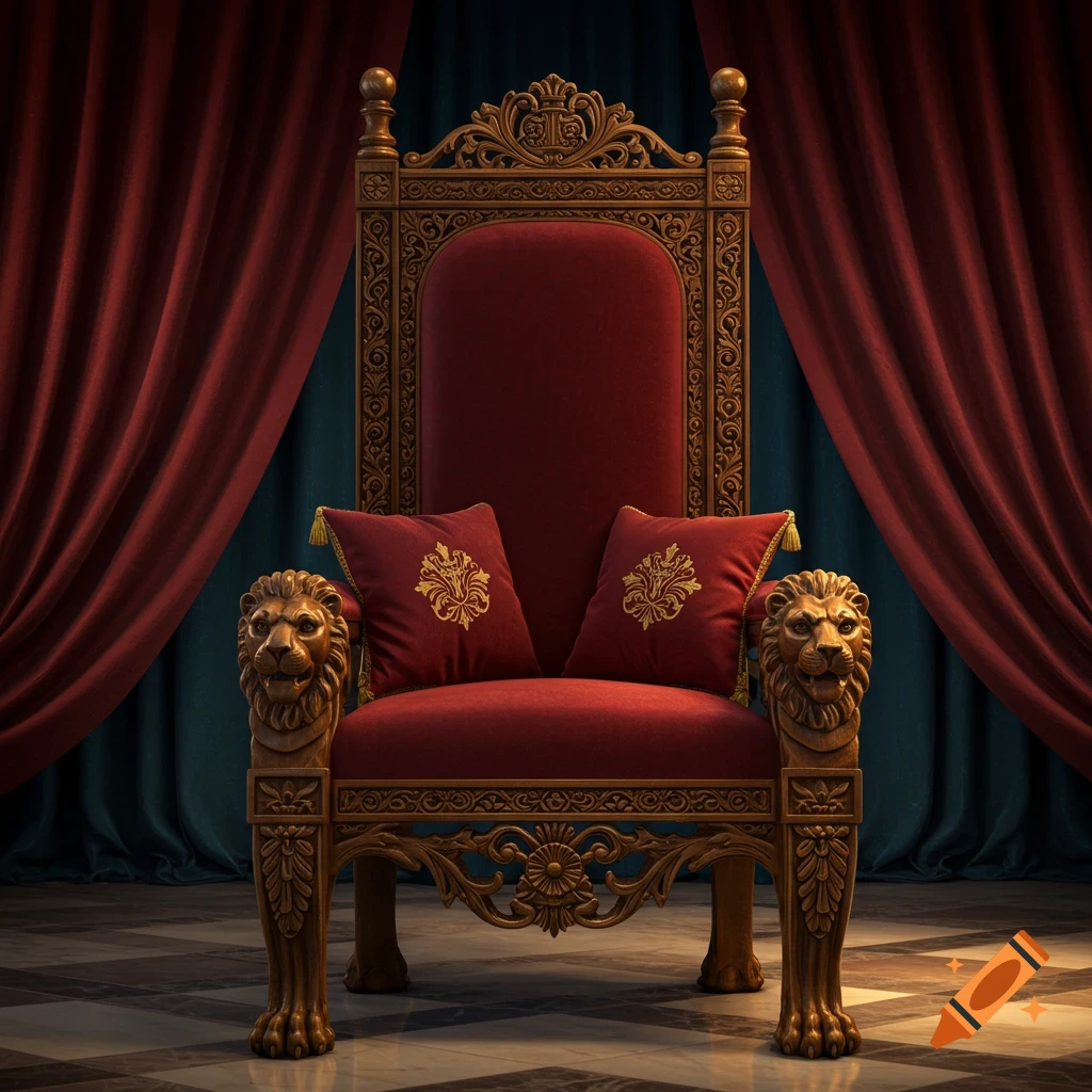 An ornate golden throne with a red velvet seat and lion head armrests, set against red and teal curtains.