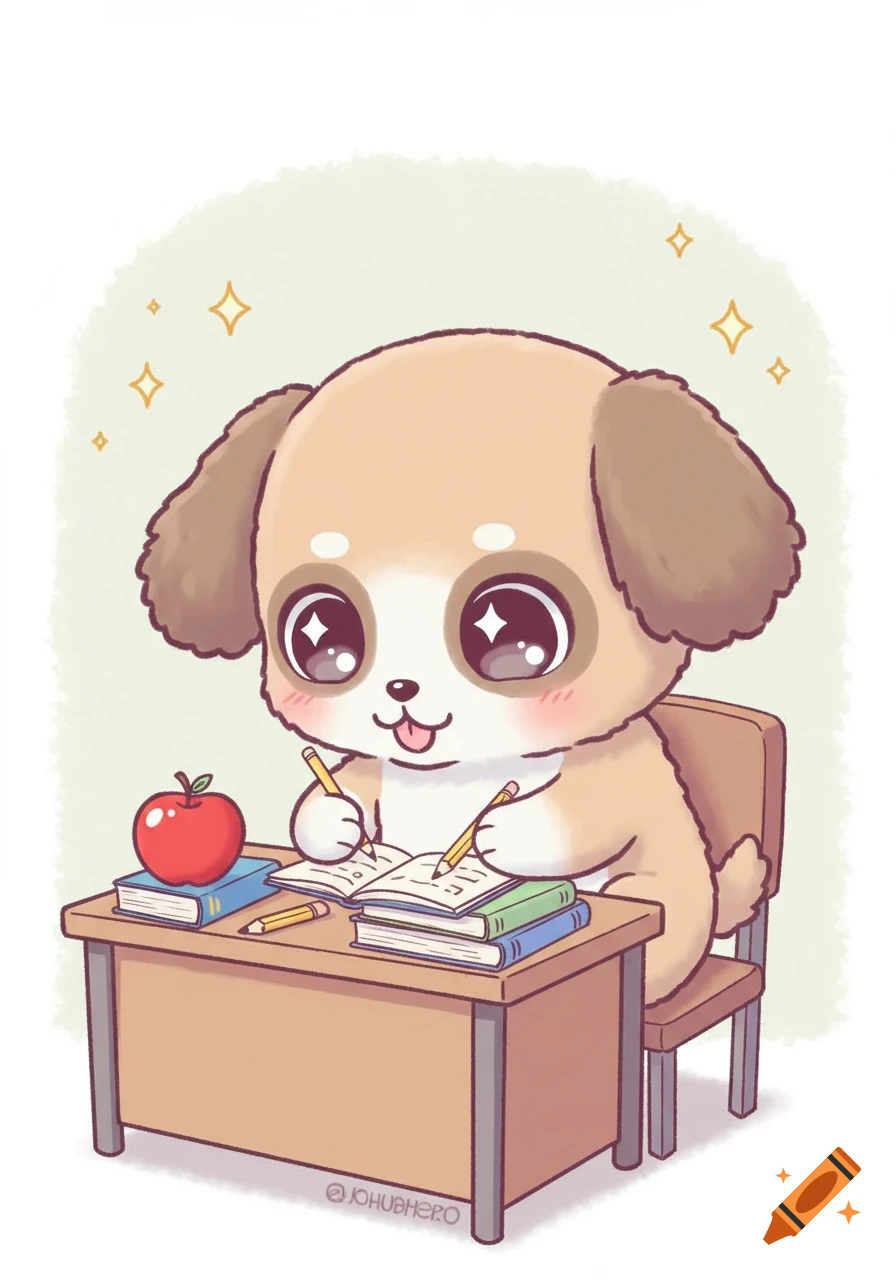 A cute, kawaii cartoon puppy sits at a wooden desk, writing in an open book with two pencils. A red apple and other books are on the desk.